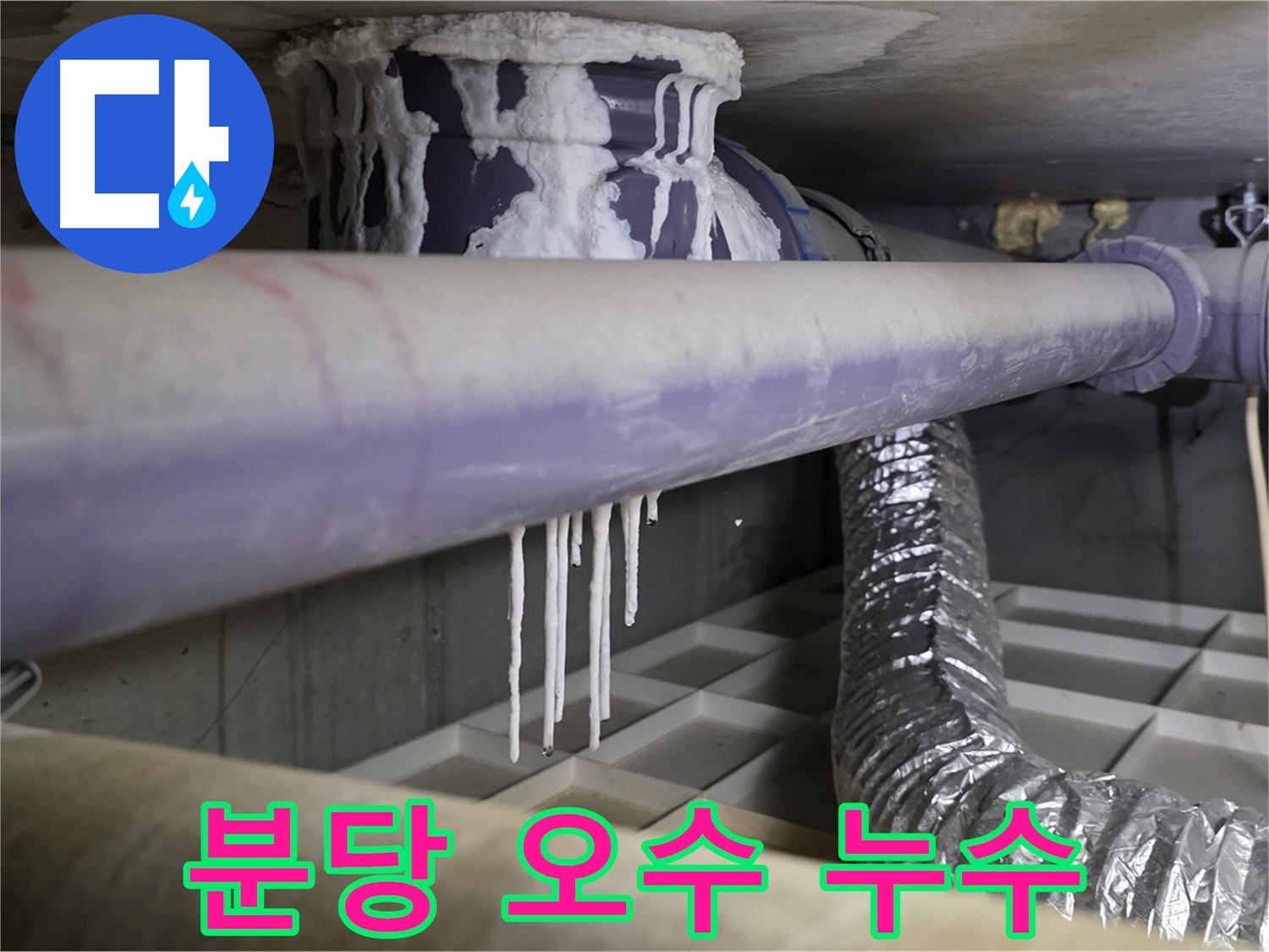 심각한 오수 배관 누수 상태 - 석회 고드름 발생
