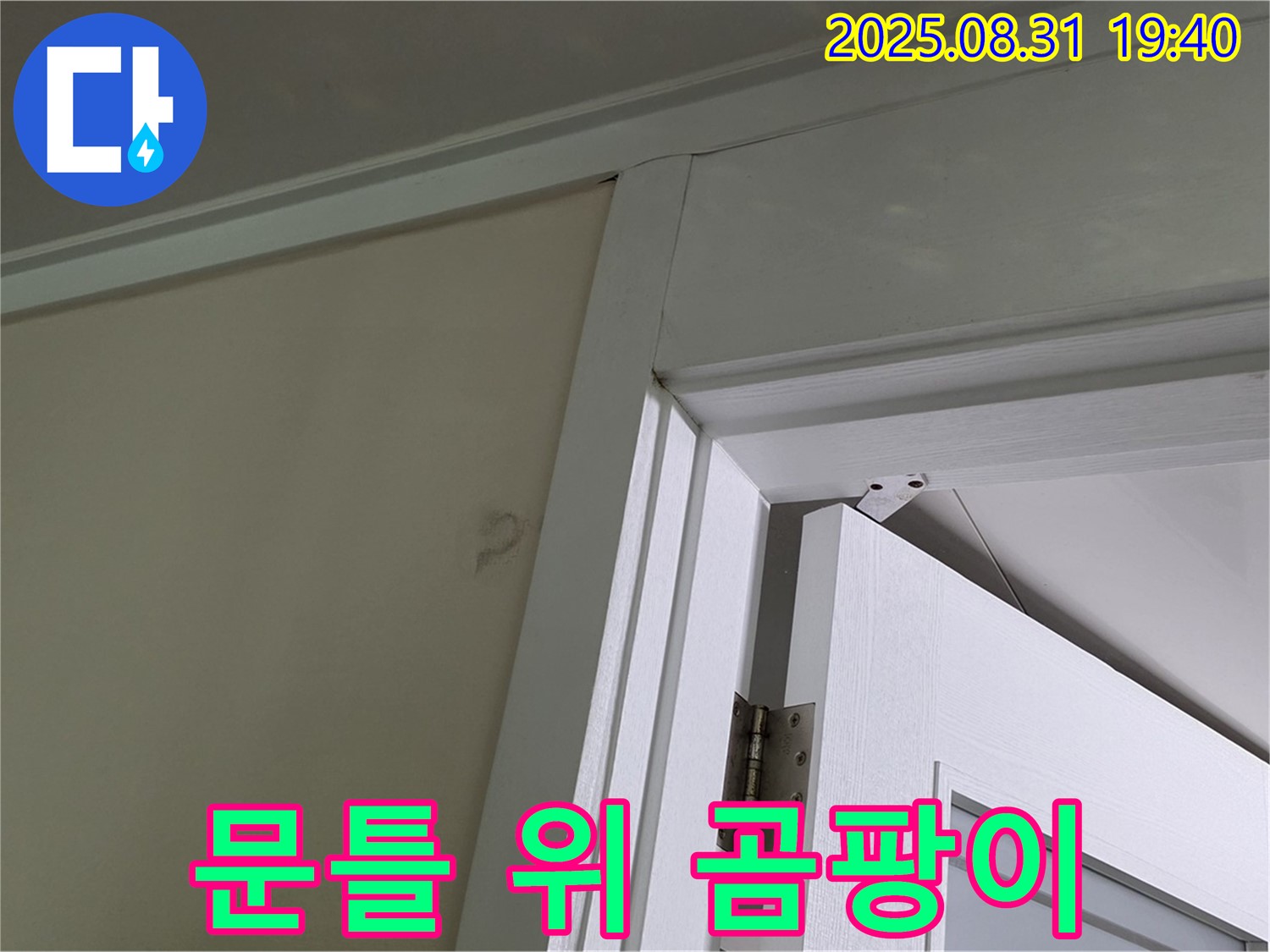 문틀 위 곰팡이 - 문틀 위쪽 천장에 곰팡이가 넓게 퍼져 있습니다.