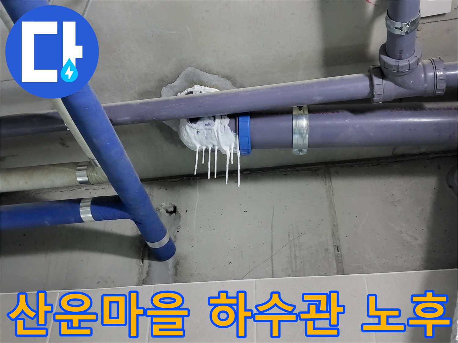 산운마을 하수 오수 배관 누수 - 천장 점검구에서 확인된 석회 고드름