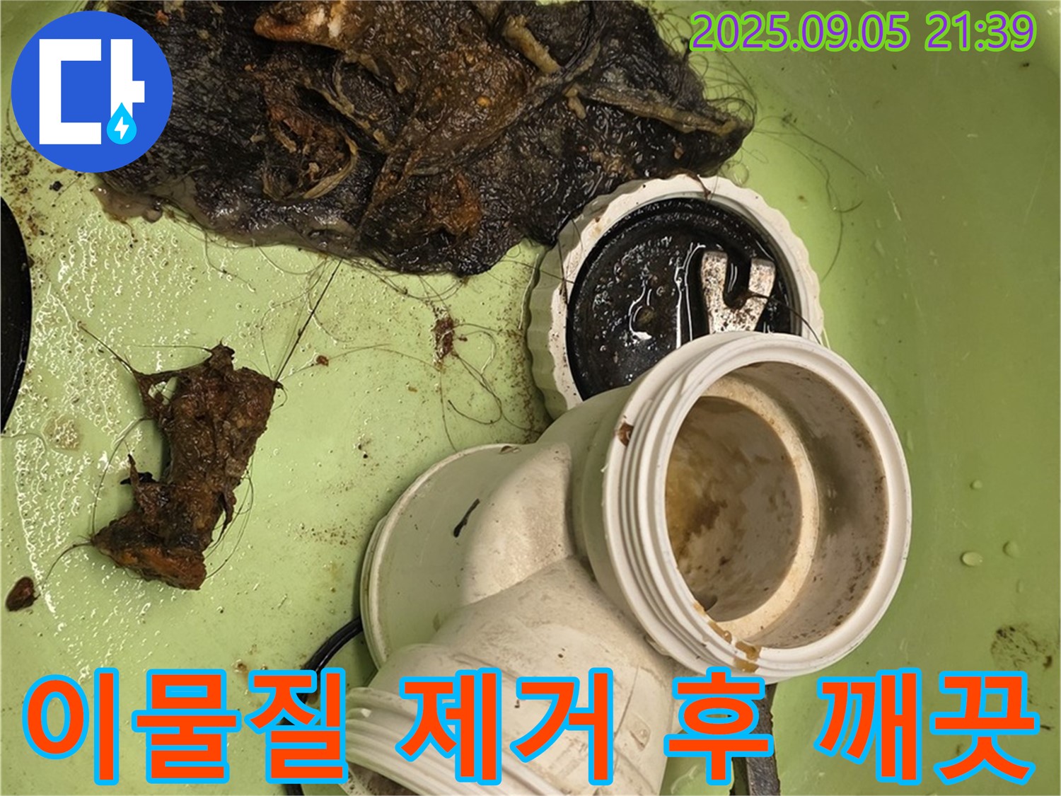 이물질 제거 후 깨끗해진 배수구 - 이제 안심하세요!