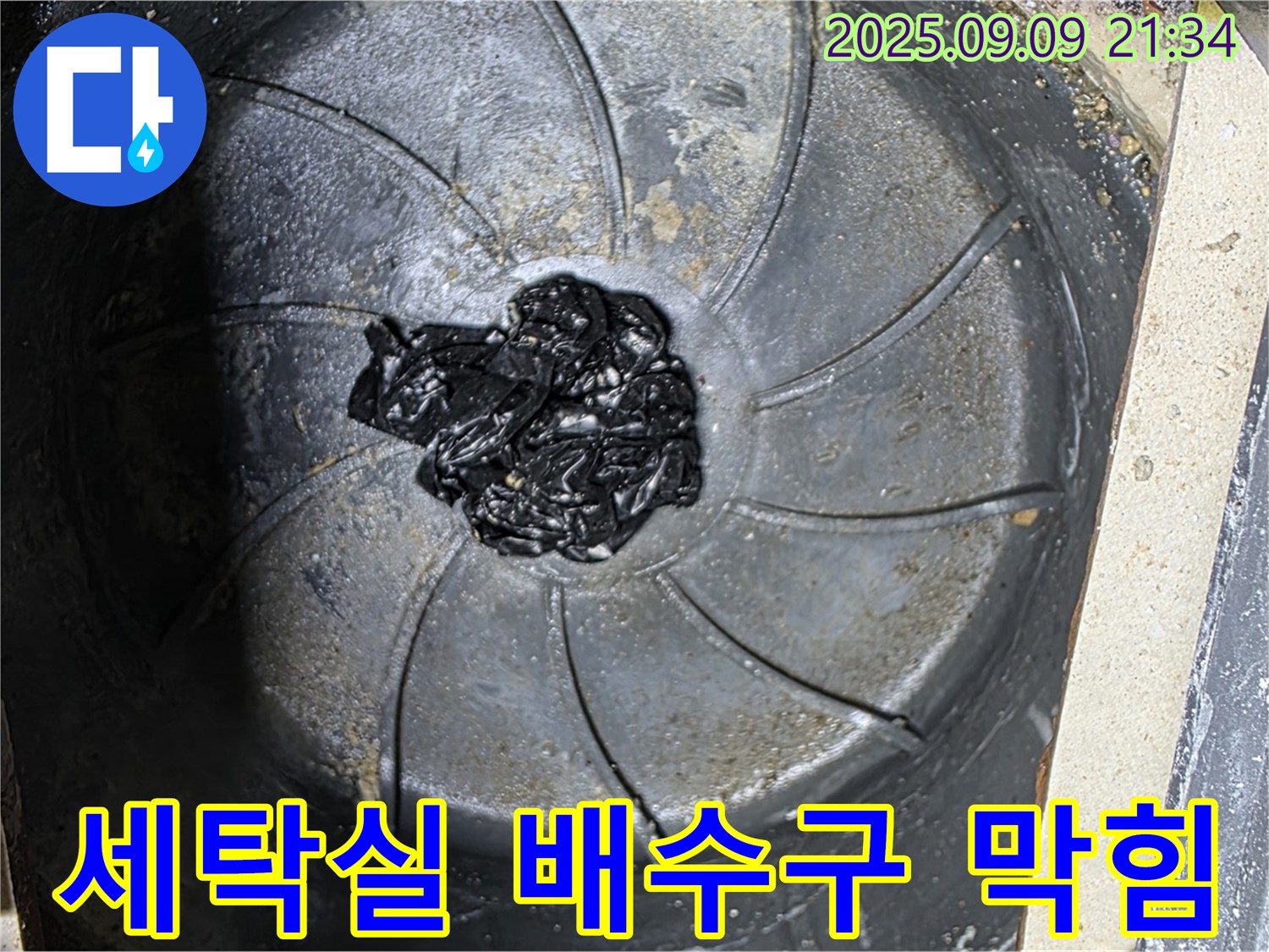 세탁실 배수구 막힘 - 섬유 찌꺼기 뭉침