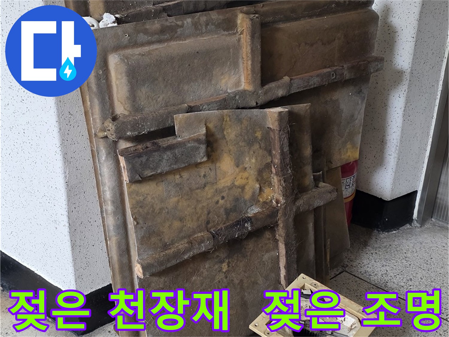 누수 현장에서 분리된 젖은 천장재와 조명 - 습기 가득