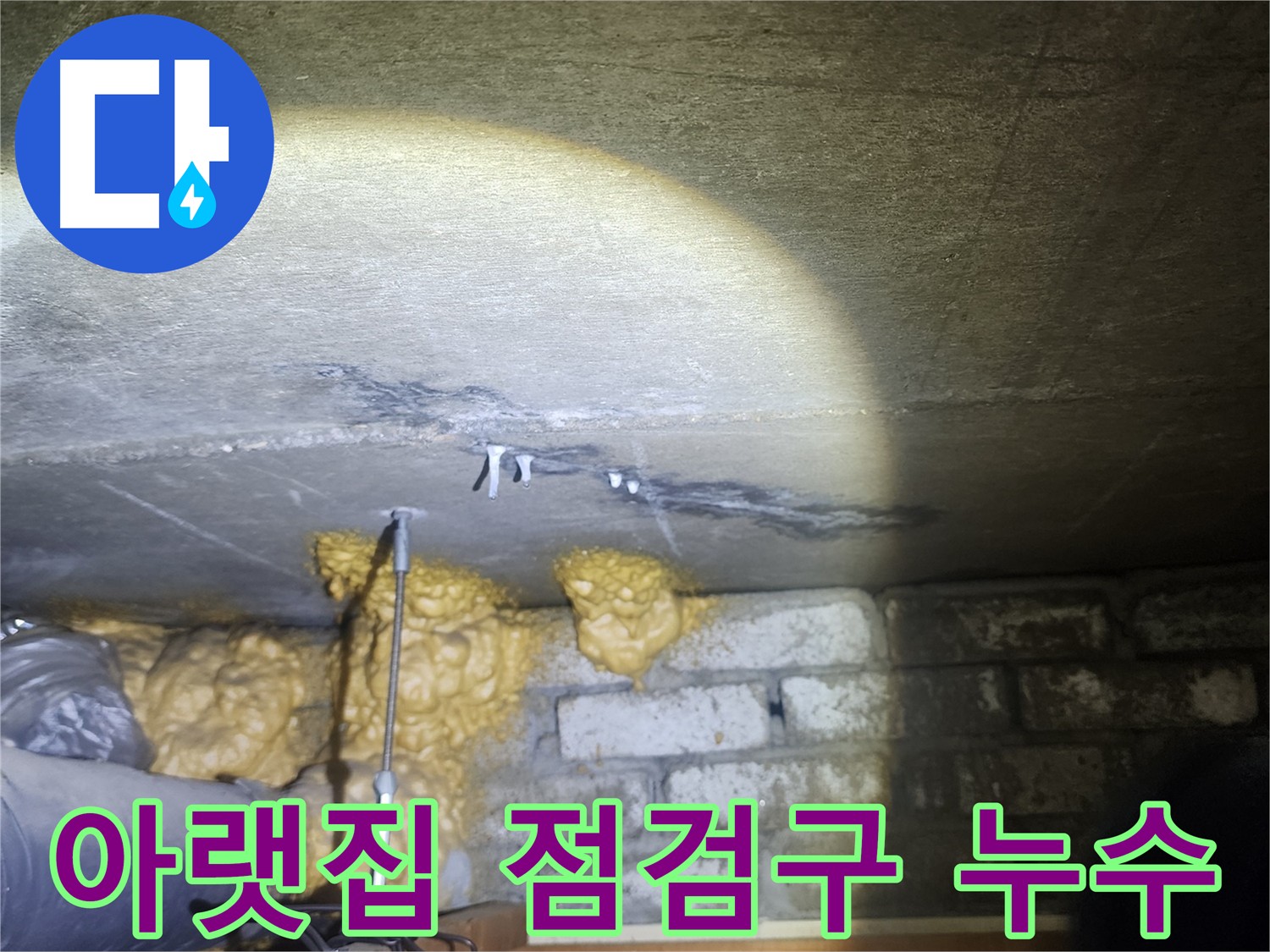 아랫집 화장실 점검구에서 누수 흔적을 확인하는 사진