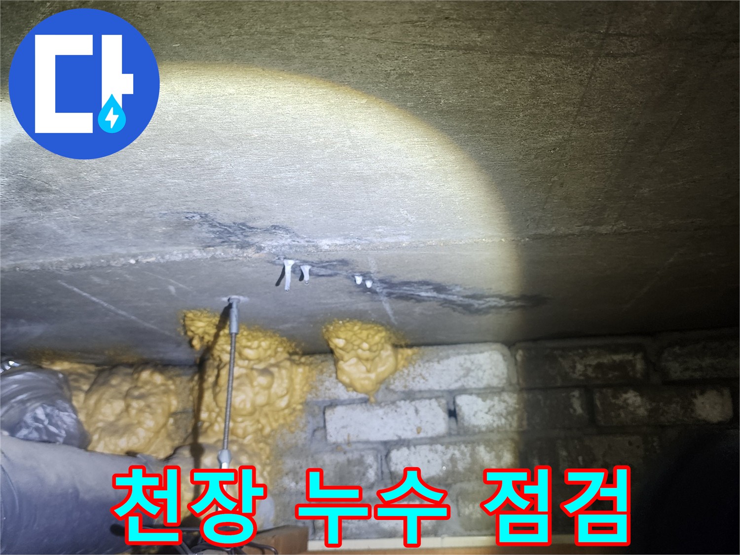 아랫집 화장실 천장 점검구를 통해 누수 상태를 확인하는 사진