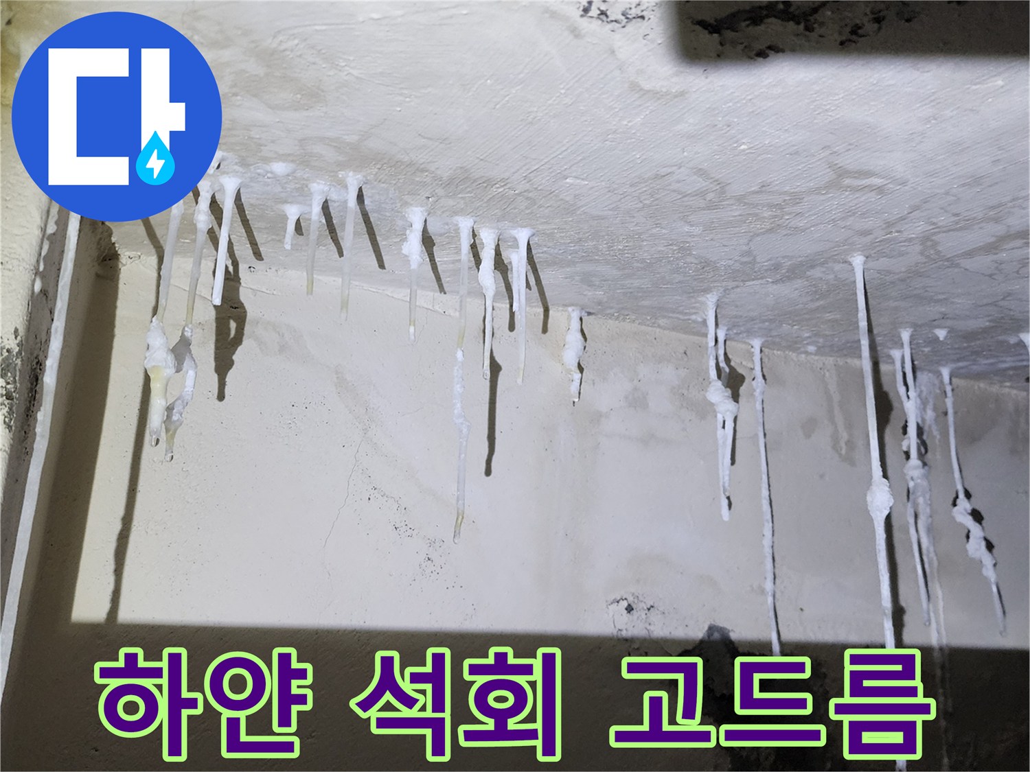 천장에 맺힌 하얀색의 누수 흔적 고드름