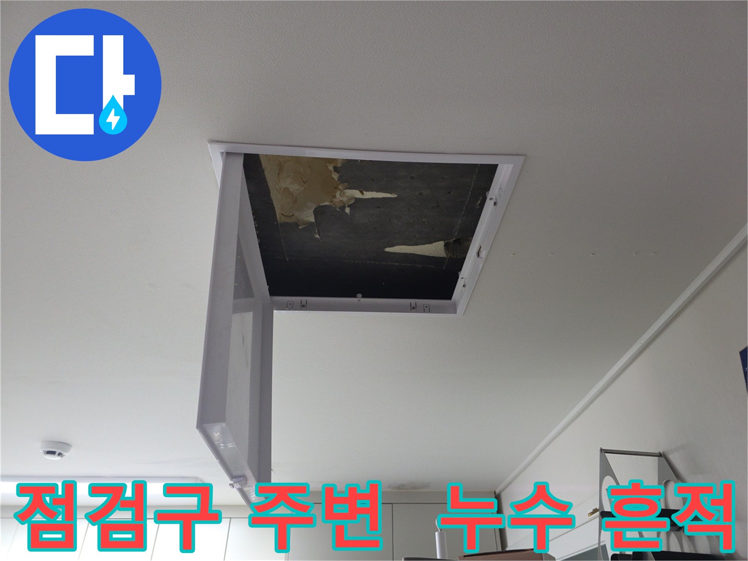 점검구 주변의 누수 흔적을 자세히 살펴보는 사진
