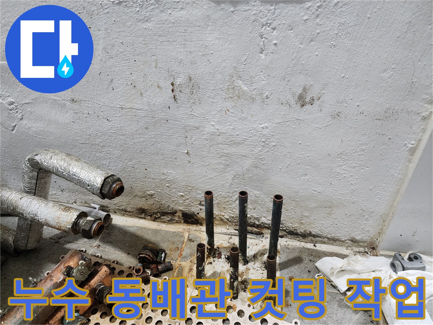 신월동 누수 - 동배관 컷팅 작업 전 안전 장비 착용 및 주변 정리