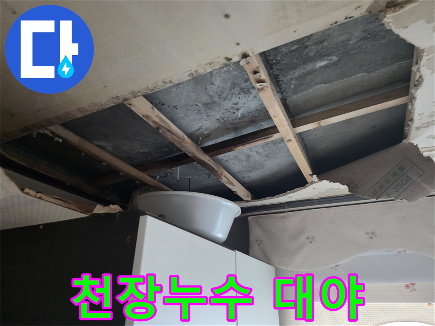 아랫집 천장 누수 - 대야로 물을 받는 심각한 상황