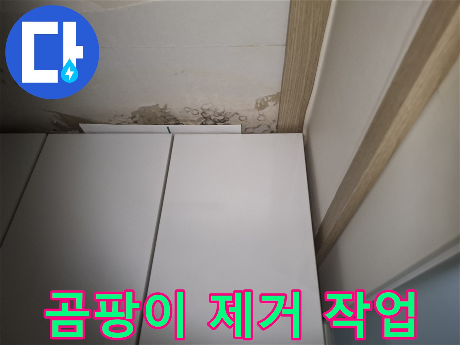 천장 누수 흔적 - 누수와 함께 발생한 곰팡이를 깨끗하게 제거하는 모습을 보여주는 사진입니다.