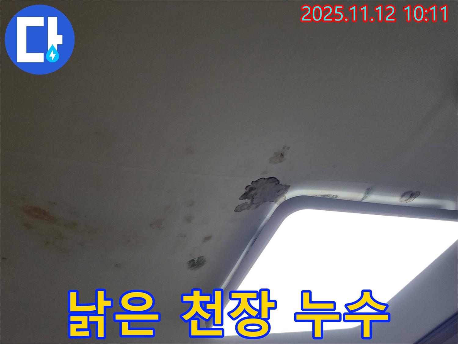 낡은 천장 - 누수 흔적과 손상