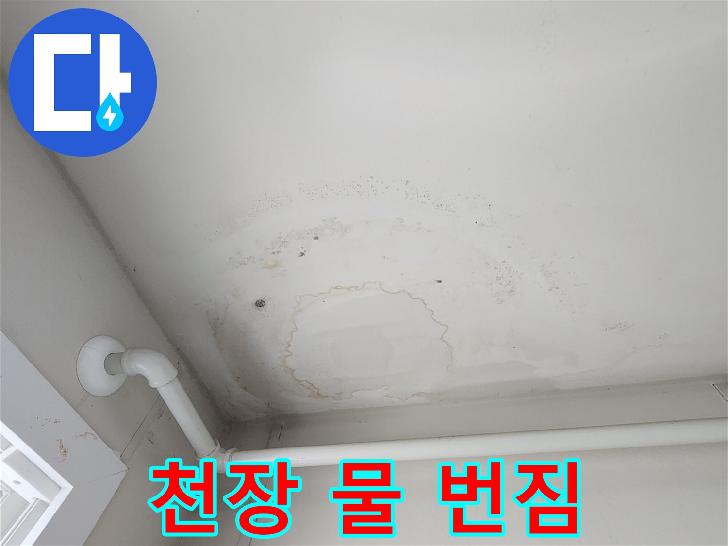 흰색 배관 아래-축축하게 젖은 천장 마감재 흔적