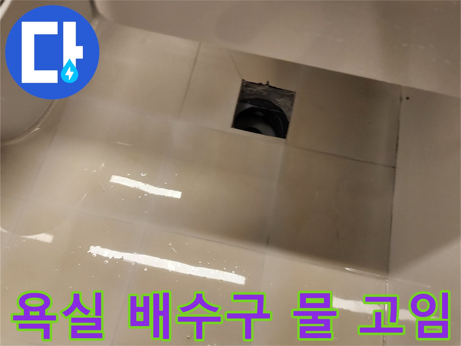 배수구 주변 타일 바닥에 습기가 가득한 모습