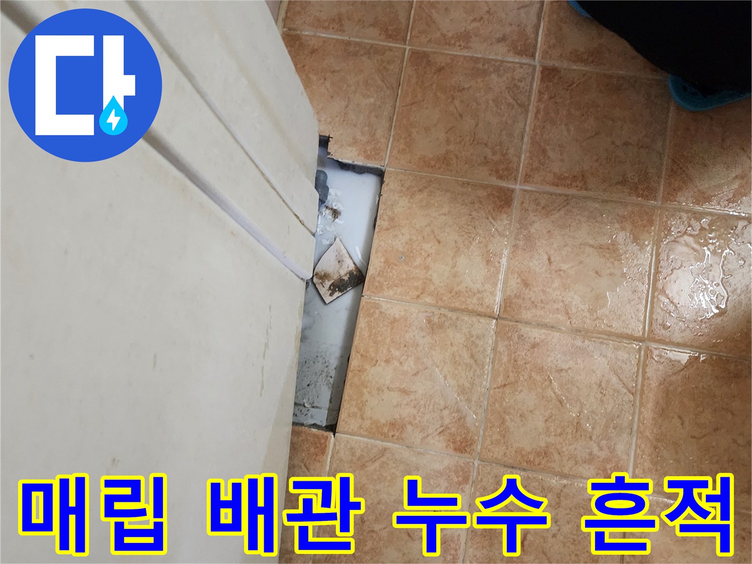 욕실 타일 아래-물에 젖은 배관 부속 모습