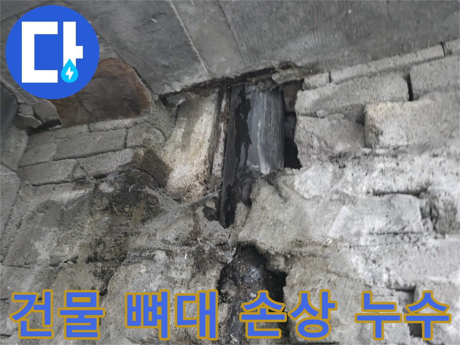 벽체 균열 누수 - 벽체에 생긴 균열을 통해 물이 새어 나오는 모습입니다.