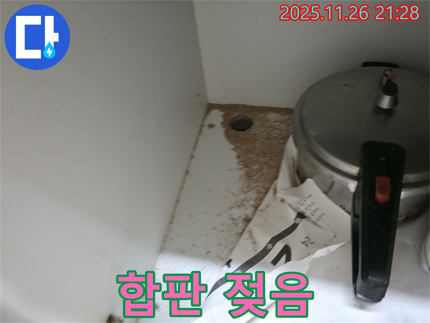 싱크대 하부 - 합판 젖음 - 전문가 도움 - 해결