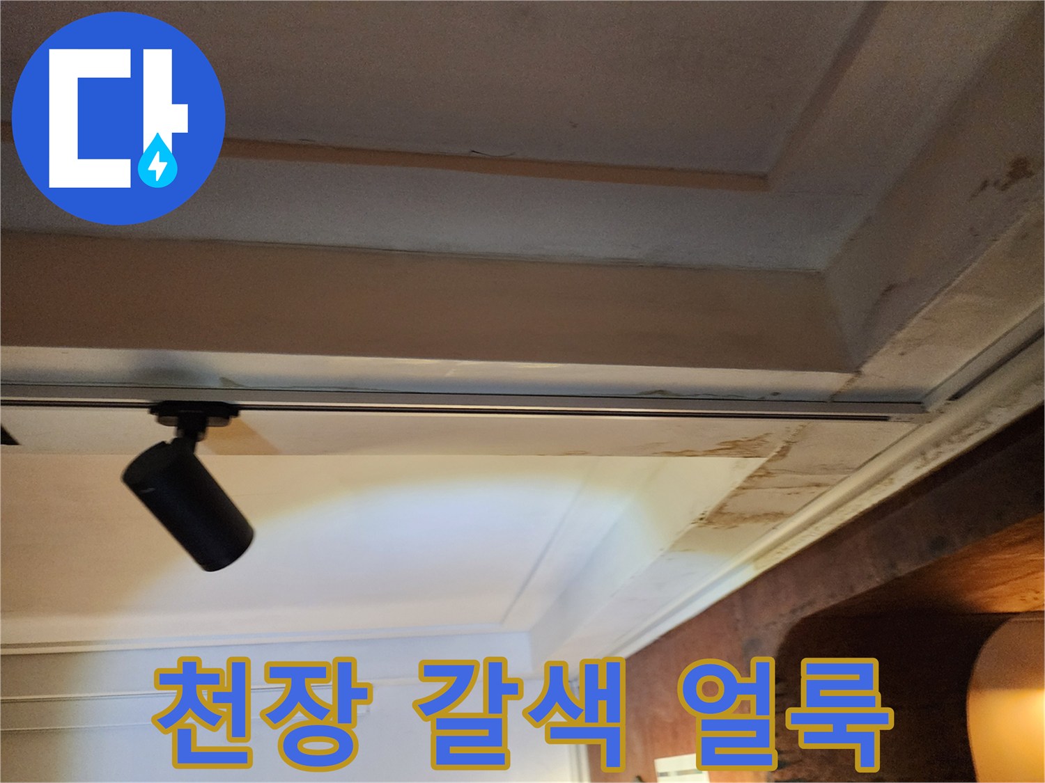 천장 몰딩 부근의 갈색 누수 오염 흔적 상세