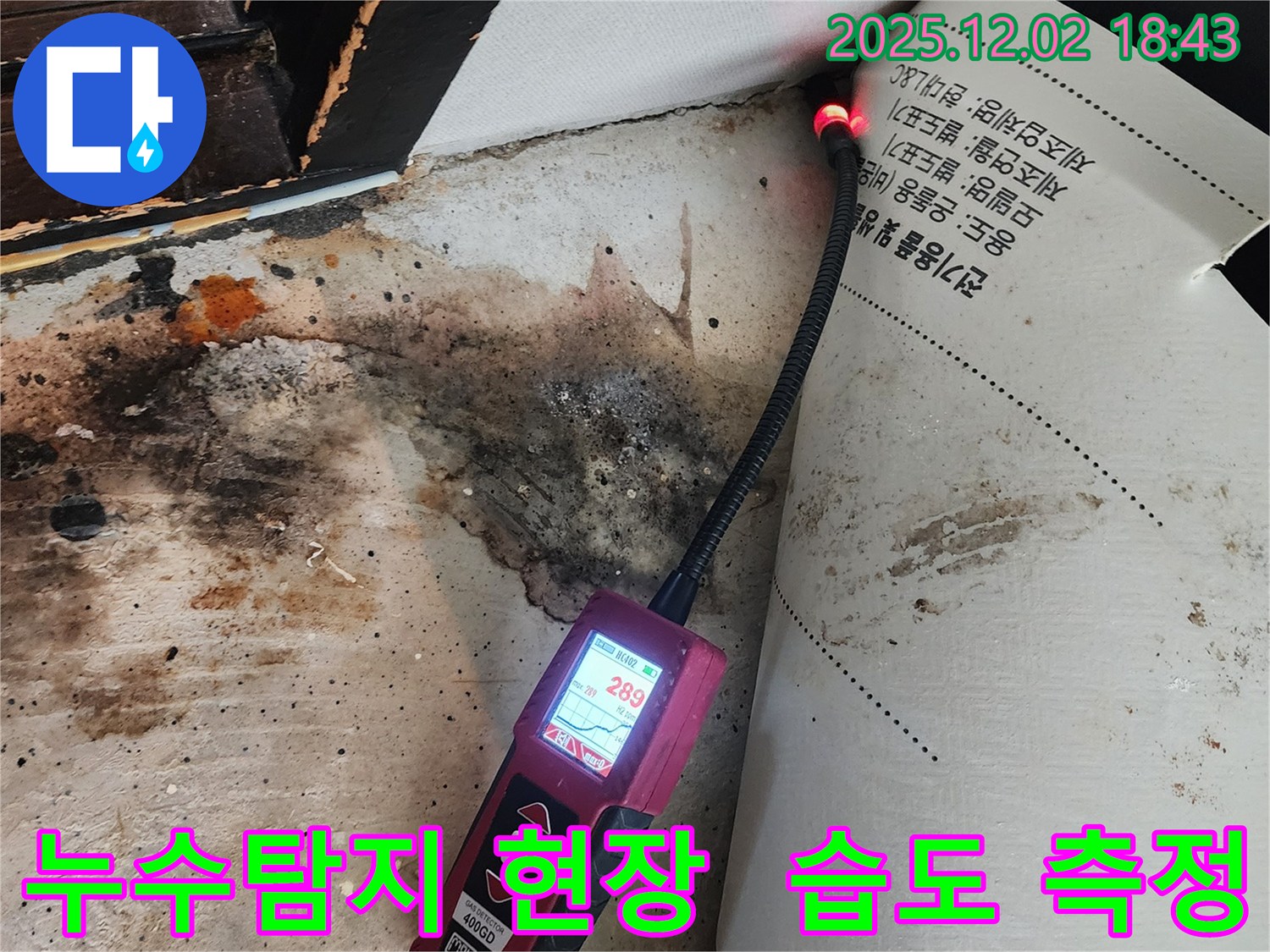 광진구 누수탐지 현장 - 전문 장비로 습도 측정 중