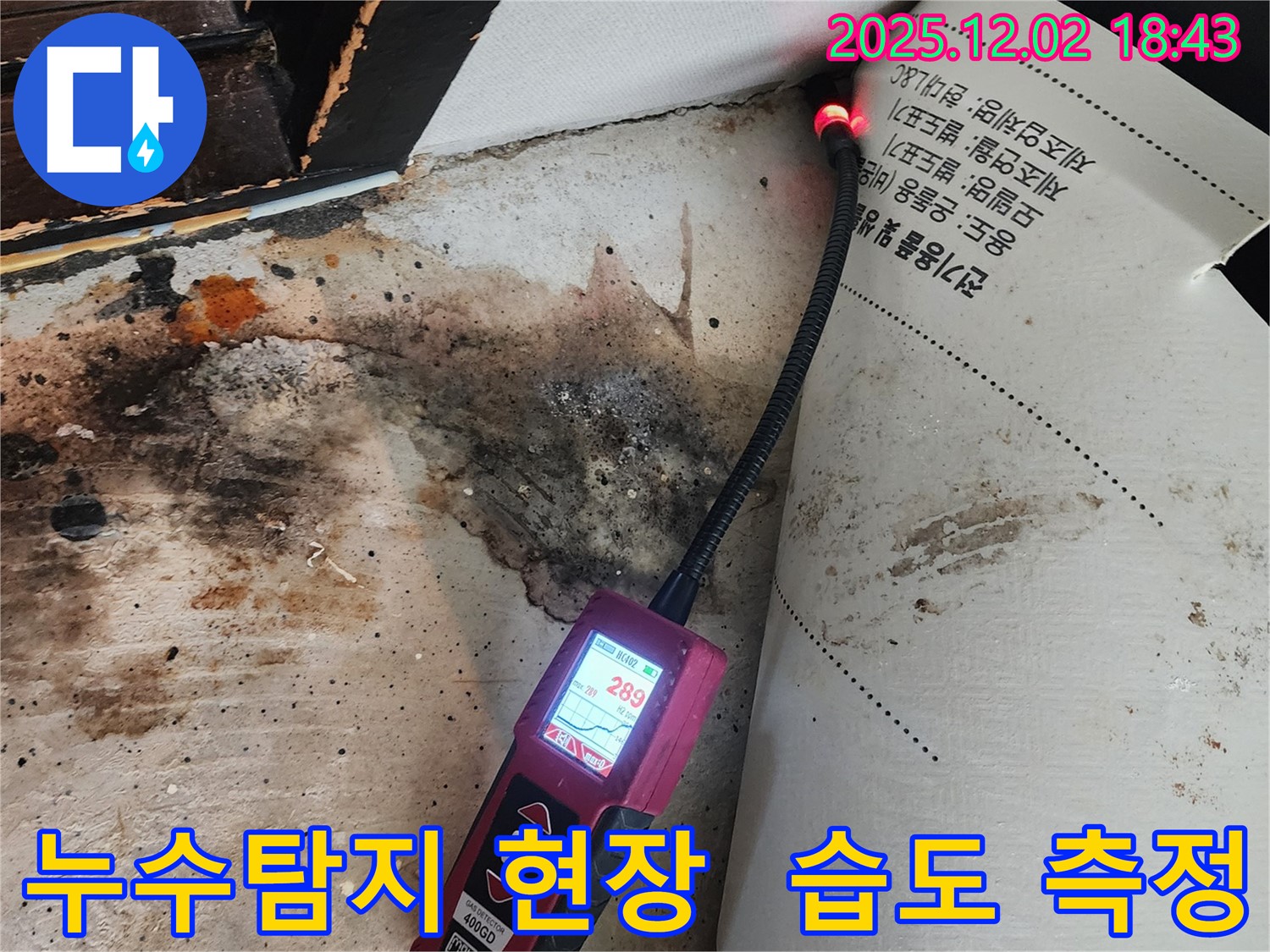 광진구 누수탐지 현장 - 전문 장비로 습도 측정 중