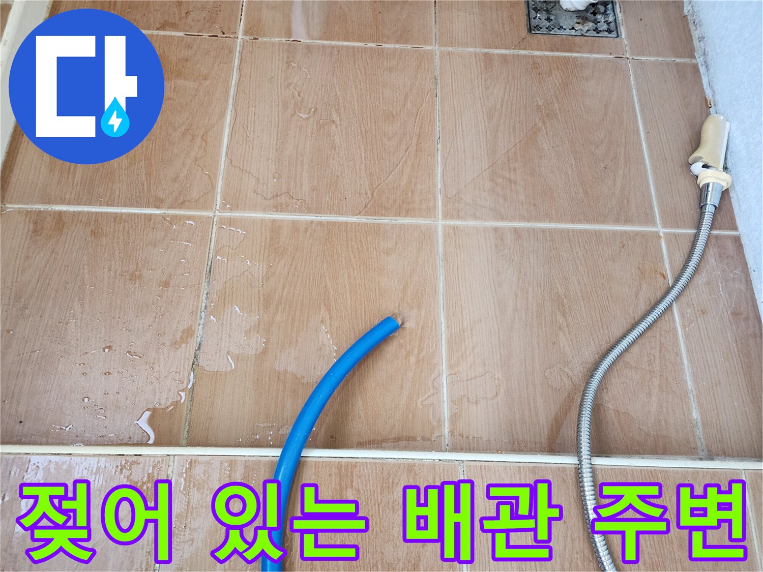파란 호스 옆-물기로 젖은 타일 바닥면
