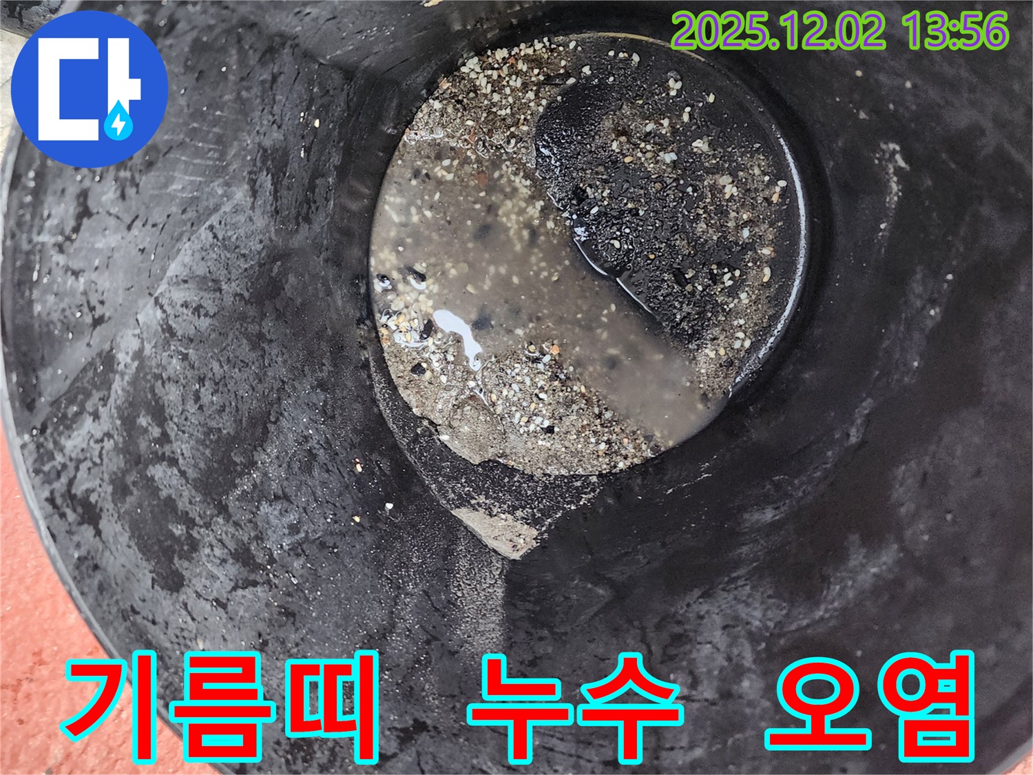 양동이 속 검은 기름띠 - 심각한 오염 의심
