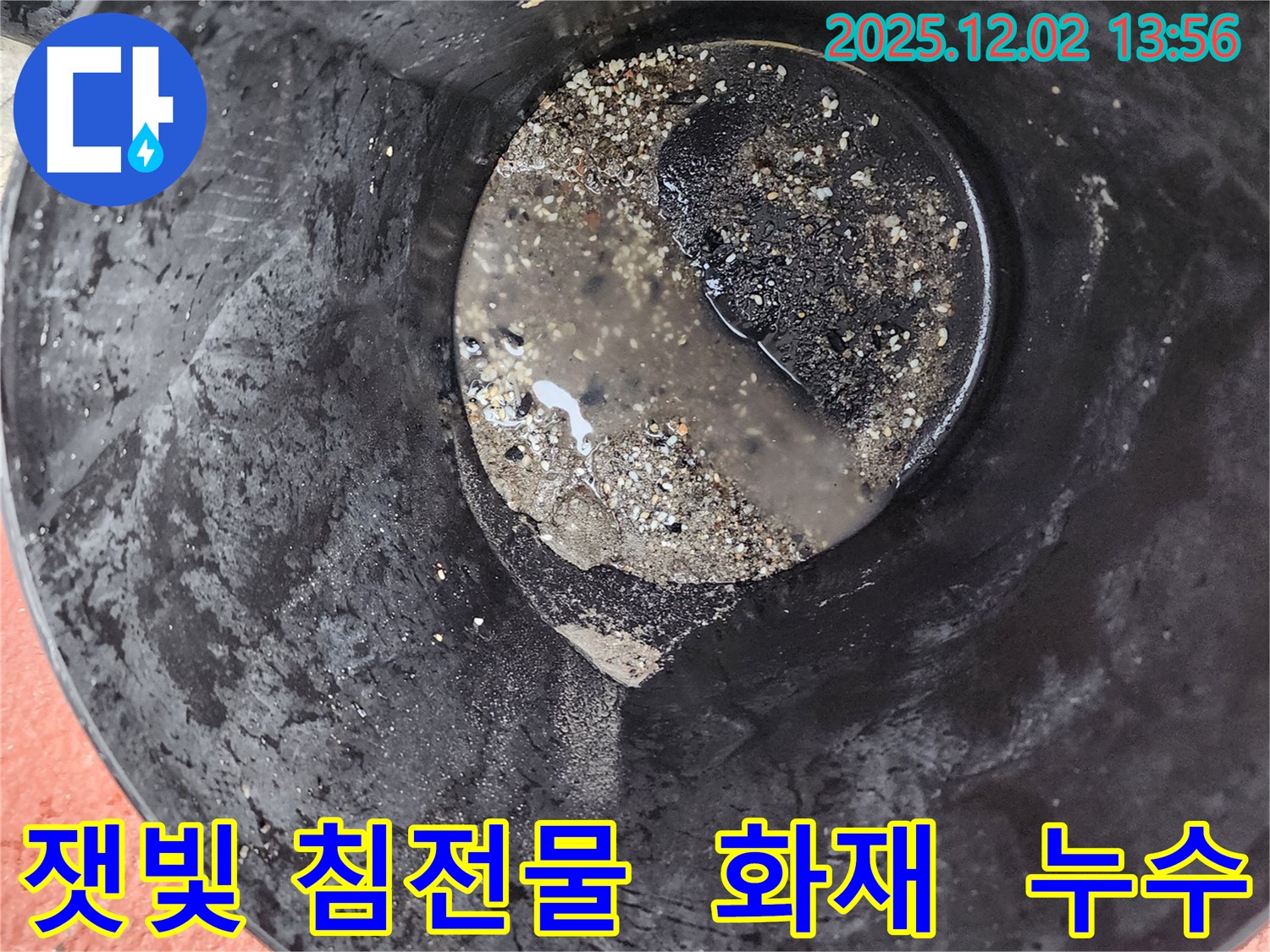 양동이 속 잿빛 침전물 - 화재 잔해 의심
