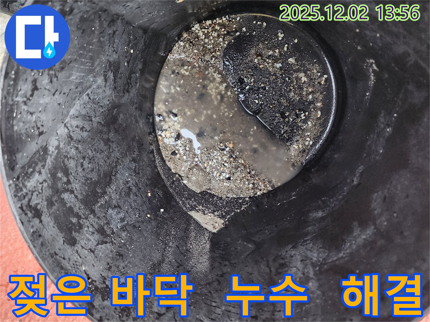 양동이 주변 젖은 바닥 - 누수 진행 중
