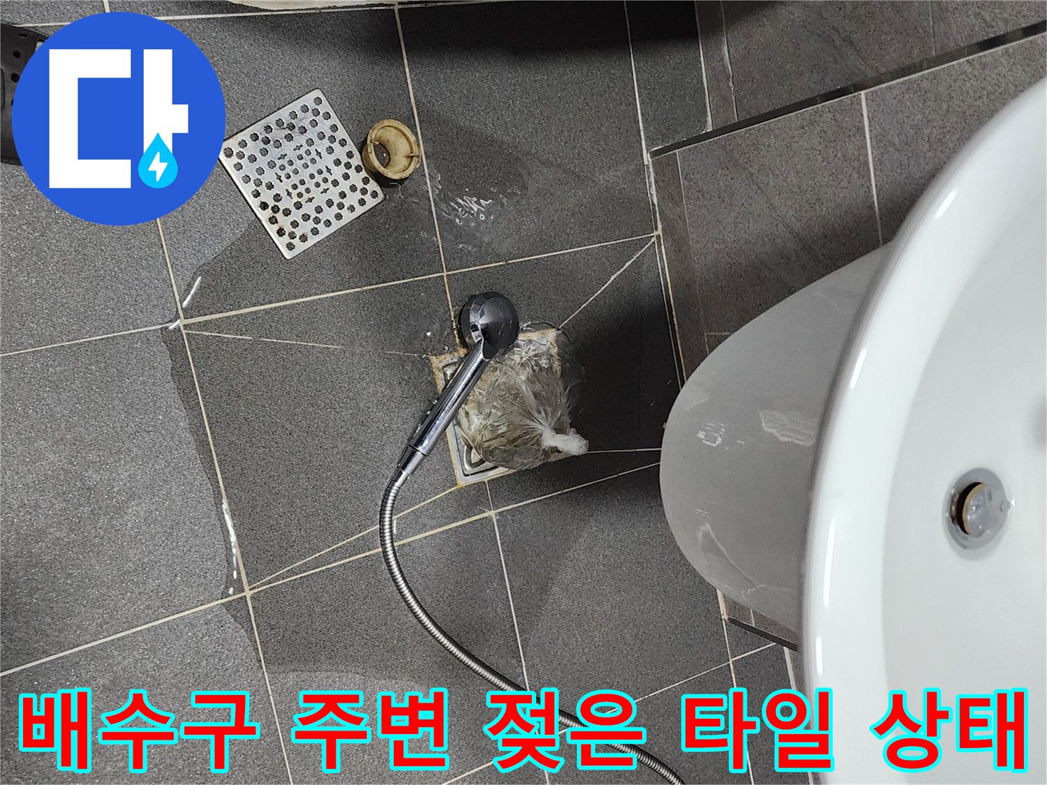 물기가 스며든 화장실 바닥 배수구 부근