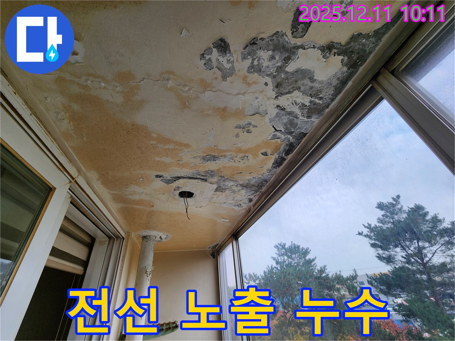 전선 노출 누수 - 감전 위험 - 즉시 조치 필요