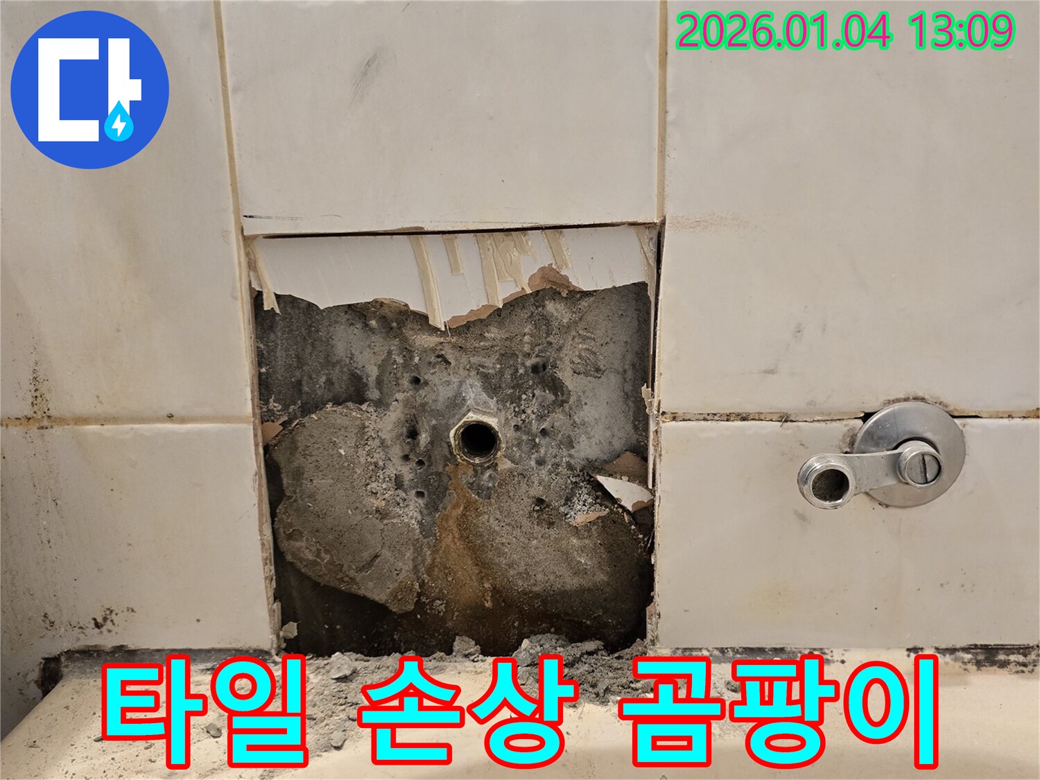 욕조 수전 주변 타일 손상 - 곰팡이 발견