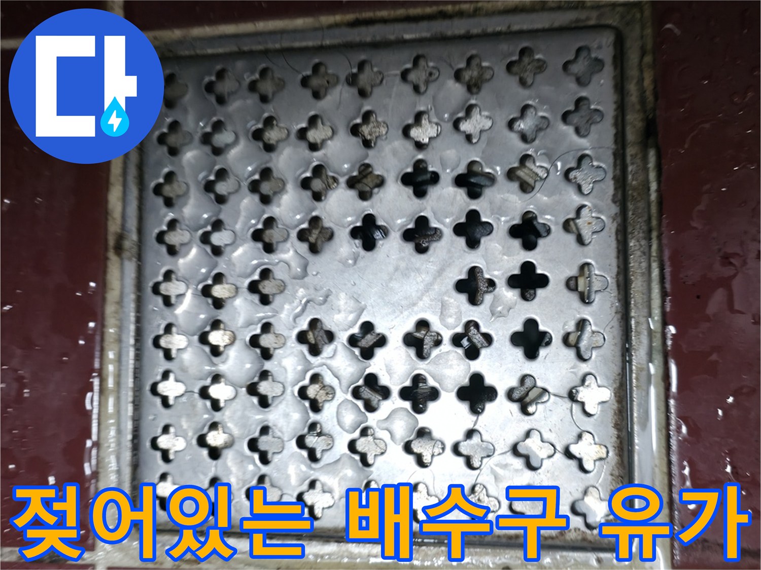 물기가 맺혀 있는 스테인리스 재질의 화장실 배수구 유가