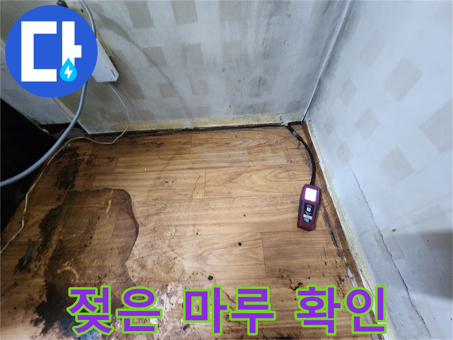 심하게 변색된 마루와 측정 장비의 모습
