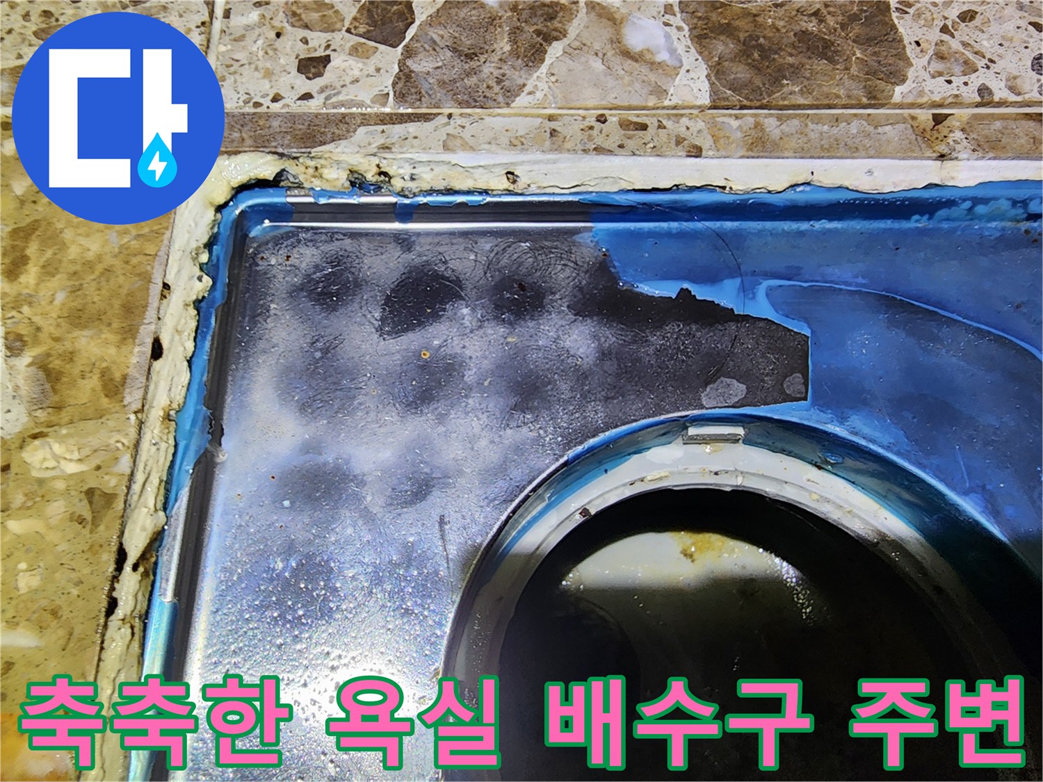 물기가 맺힌 욕실 배수구 트랩과 타일 경계