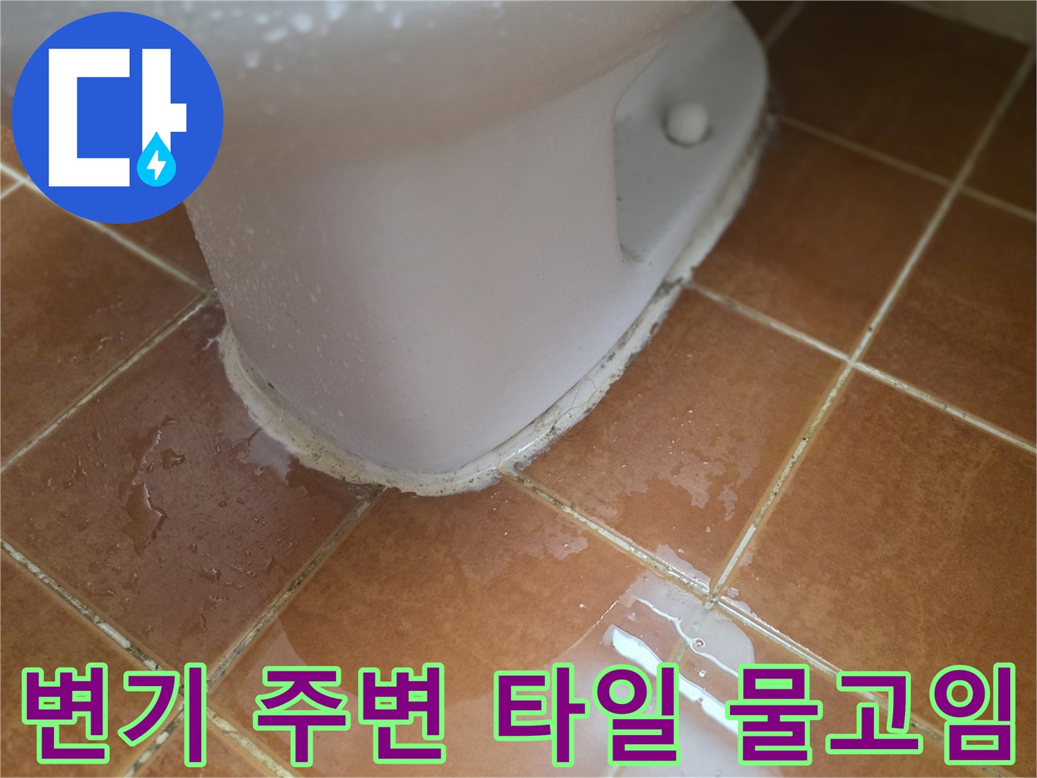 변기-밑부분-타일-틈새에-물이-차있는-모습