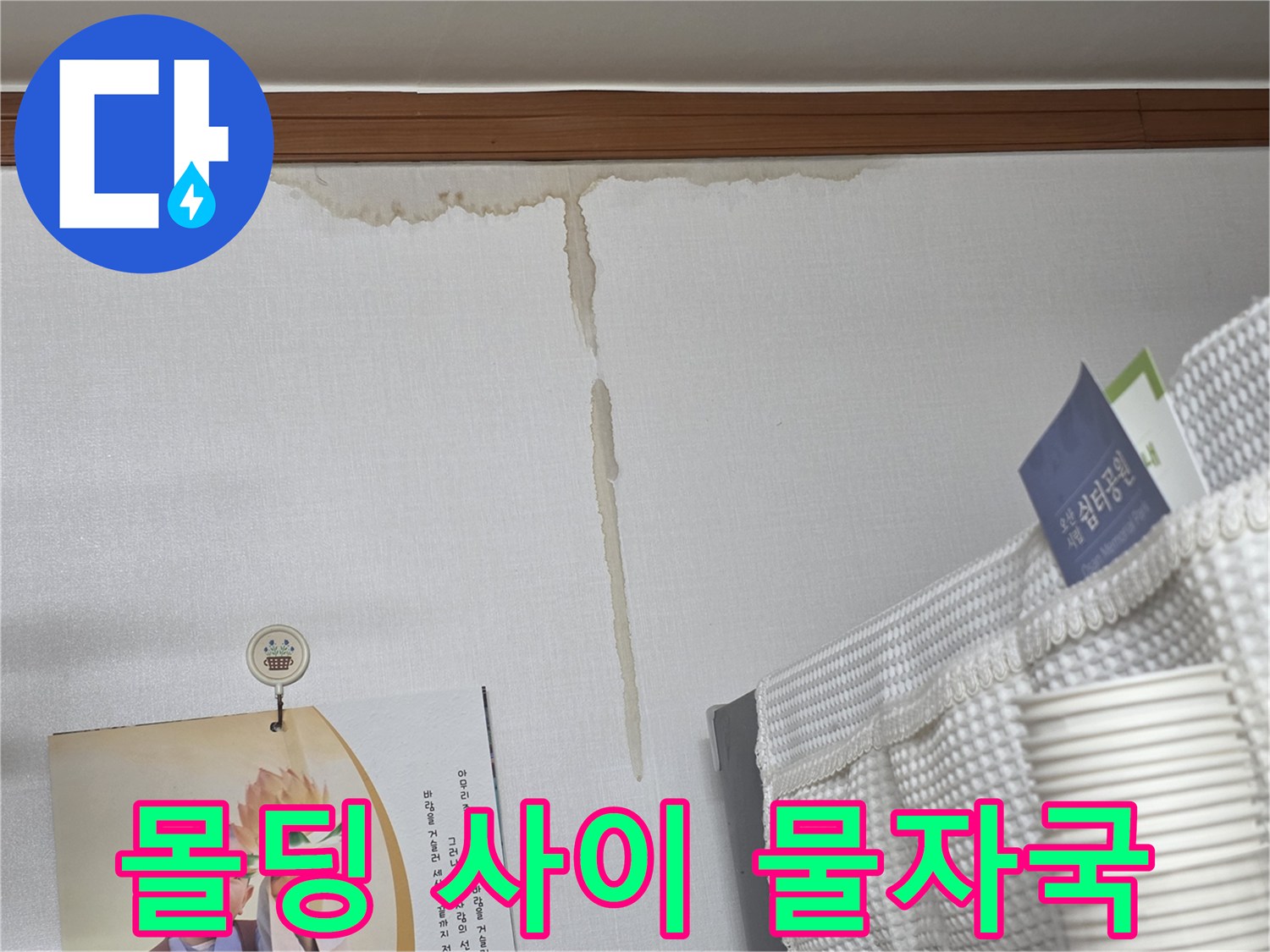 천장 몰딩 경계의 침수 흔적