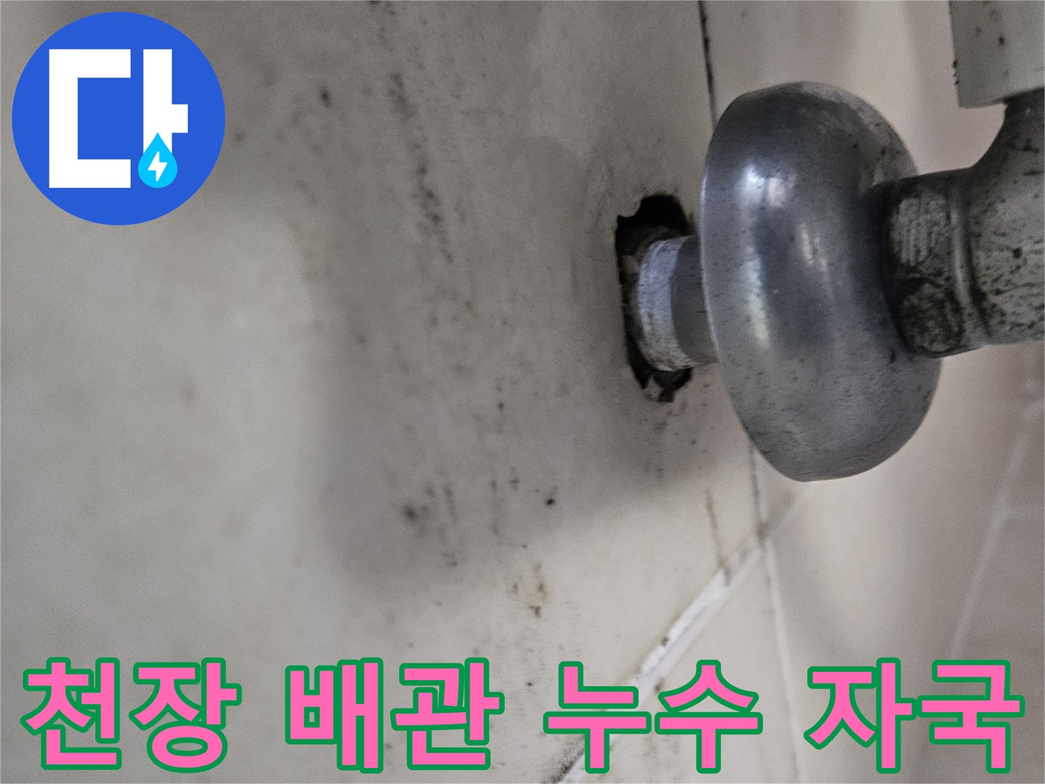 배관 하단 천장재의 젖은 얼룩 상태