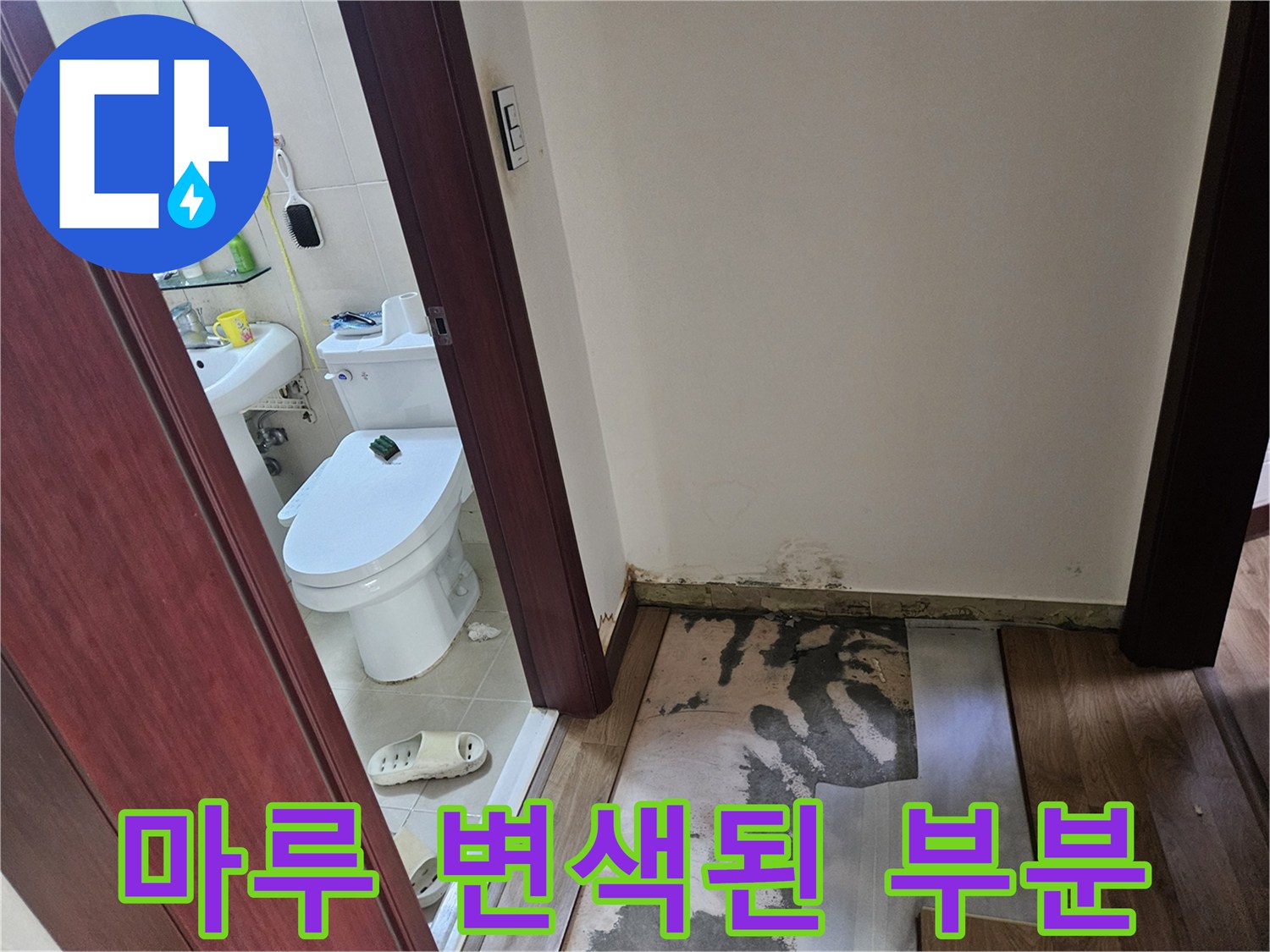 화장실 앞쪽 물기가 스며든 마루 바닥재