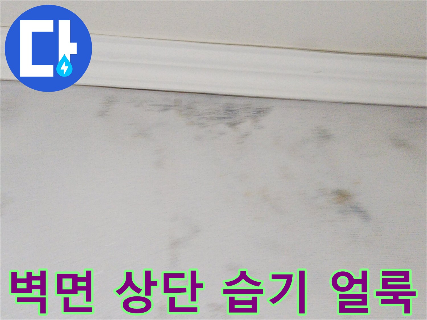 천장 몰딩 부근의 젖은 벽지 흔적