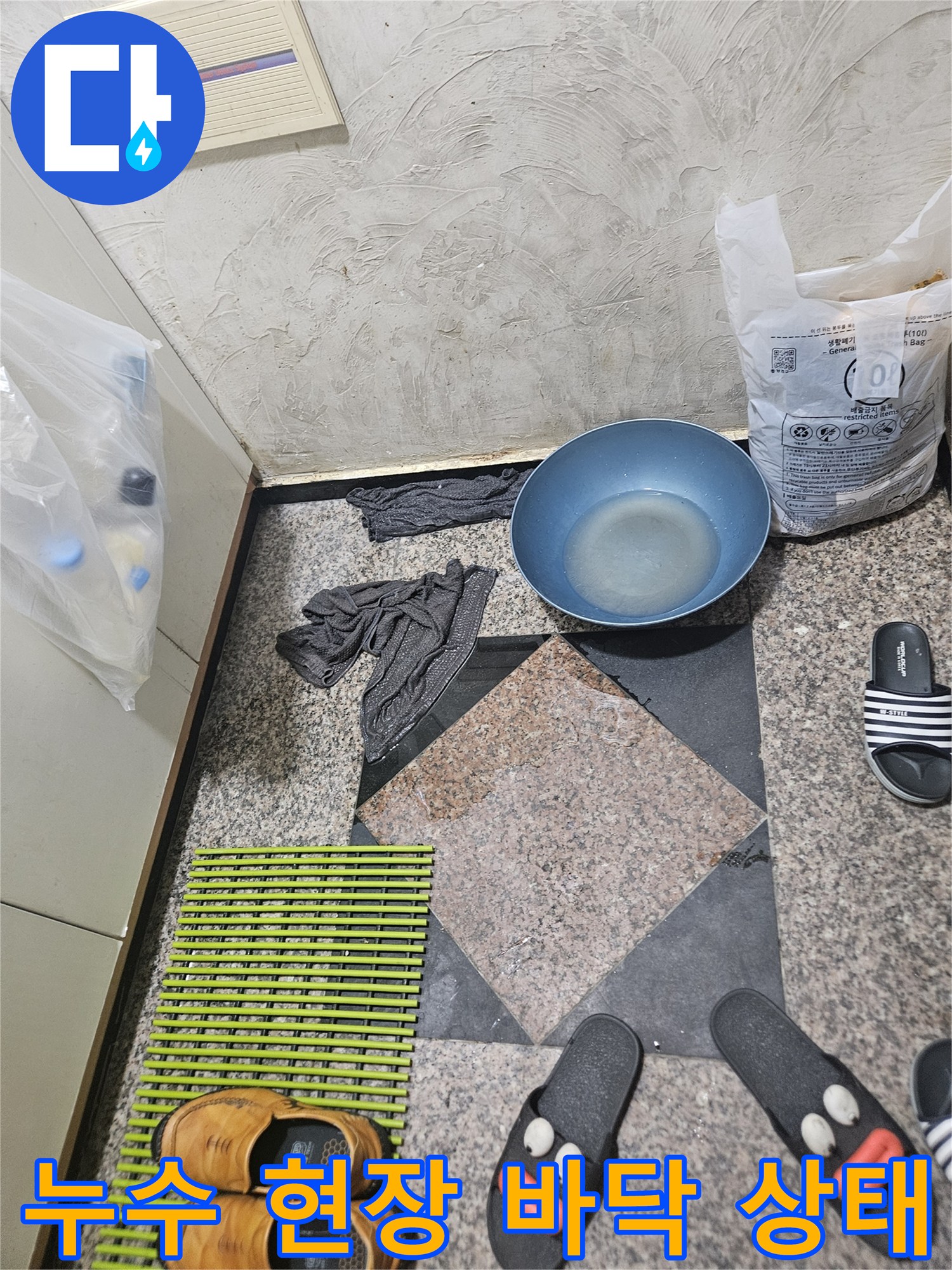 물이 고여 있는 현관 입구의 젖은 타일