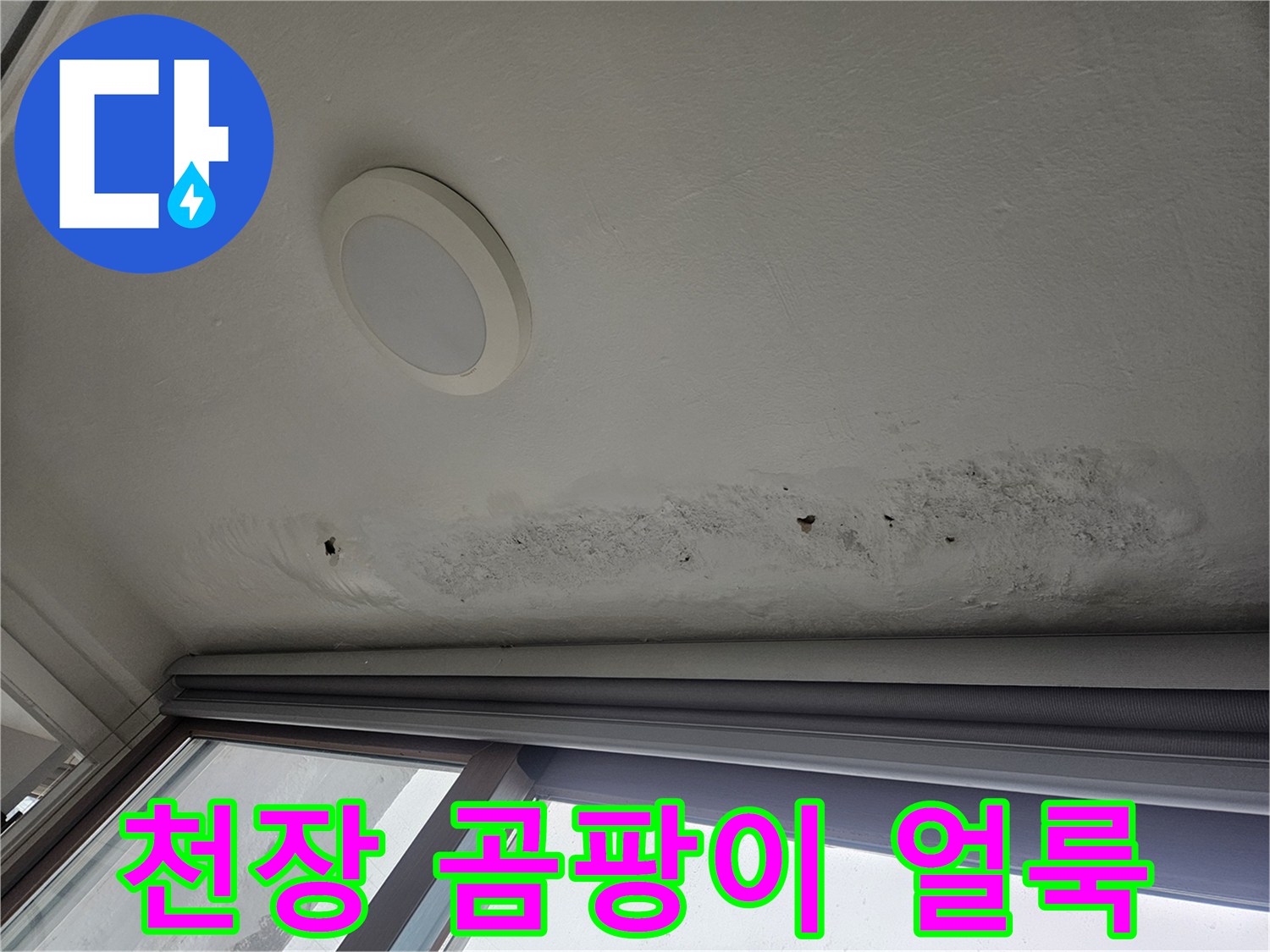 베란다 천장 부근의 곰팡이와 물샘 흔적