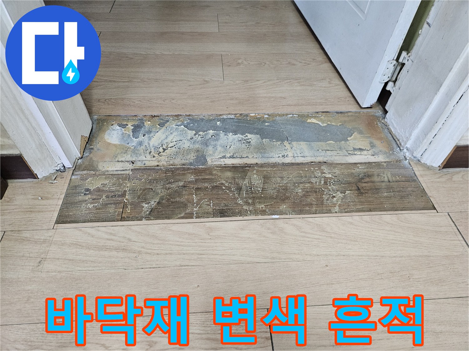 습기로 인해 어둡게 변한 현관 마루 자재