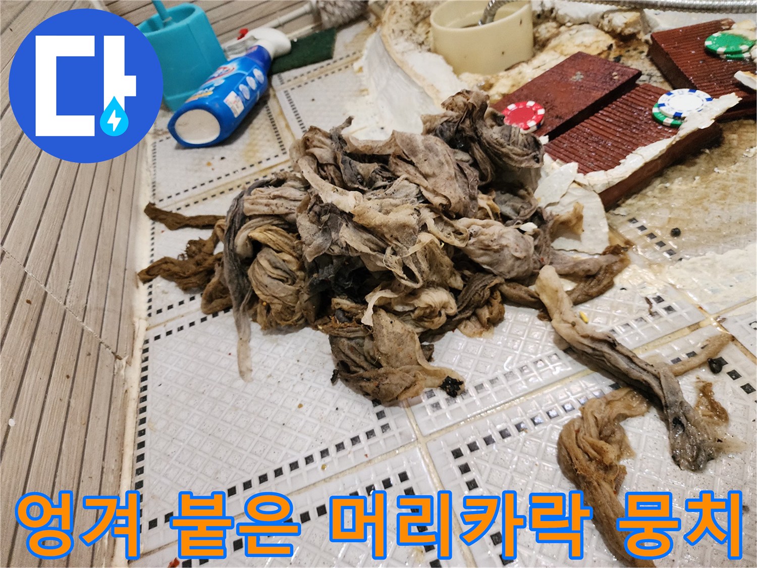 배수구에서 인양된 거대한 크기의 섬유질 및 머리카락 오염물
