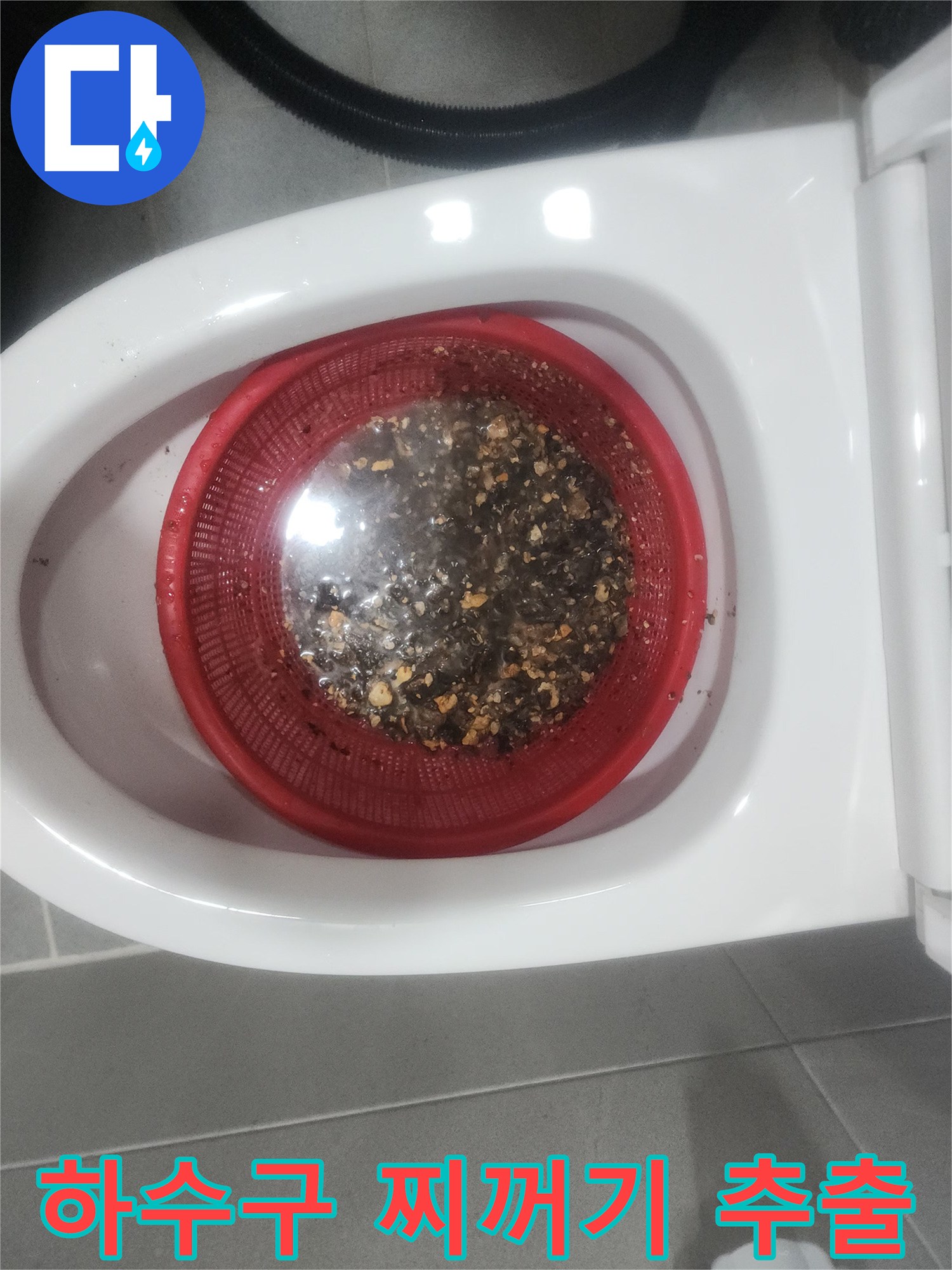 변기 배출구 근처 거름망에 모인 배관 오염물질