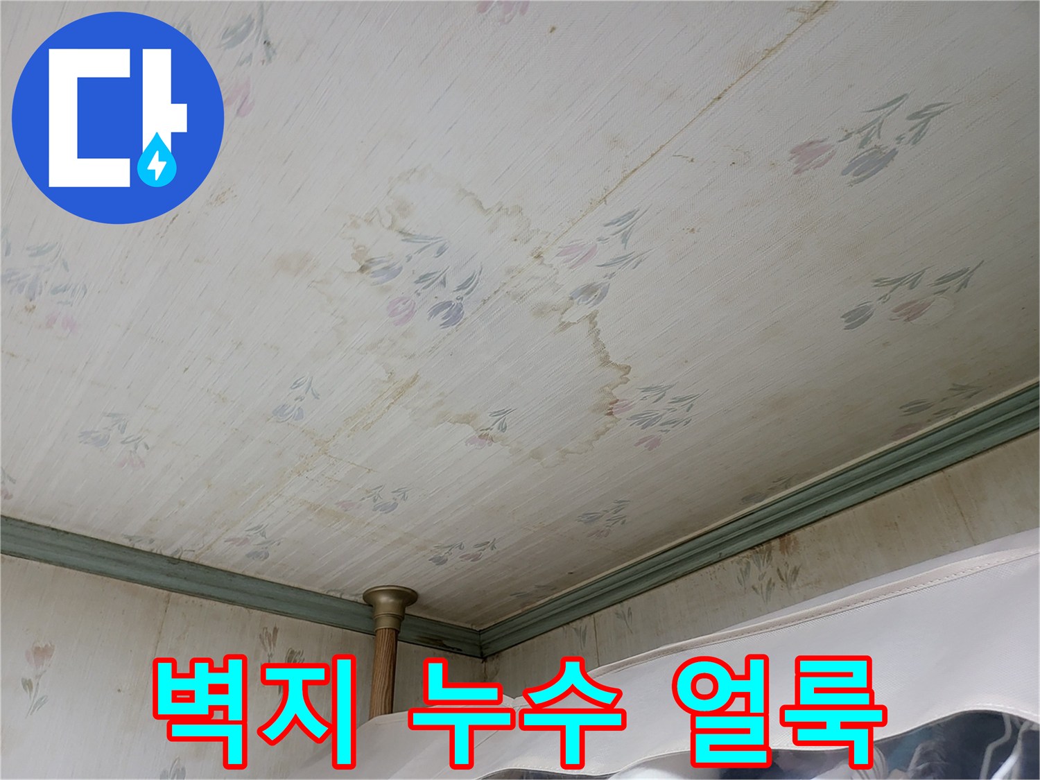 천장 벽지에 번진 갈색의 누수 흔적 사진
