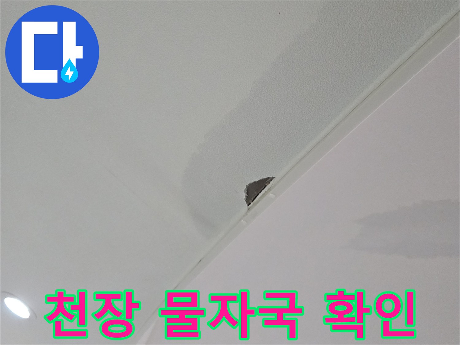 천장 마감재의 누수 흔적과 젖은 부위