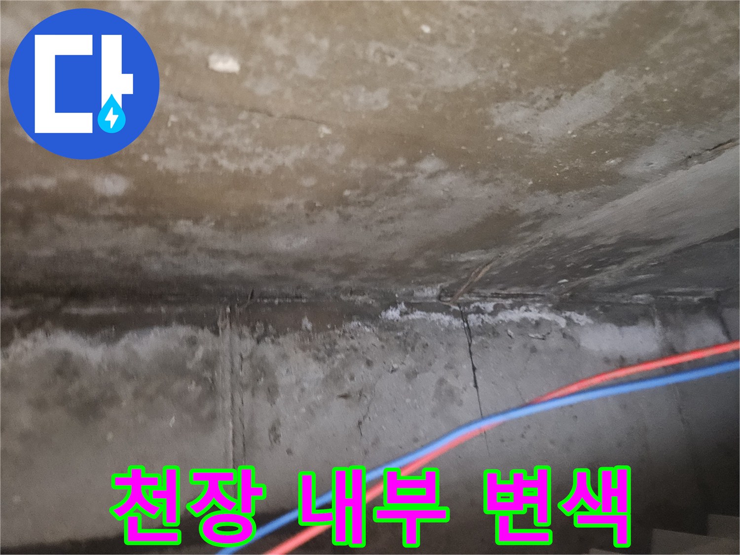 누수로 인해 얼룩진 천장 콘크리트 면