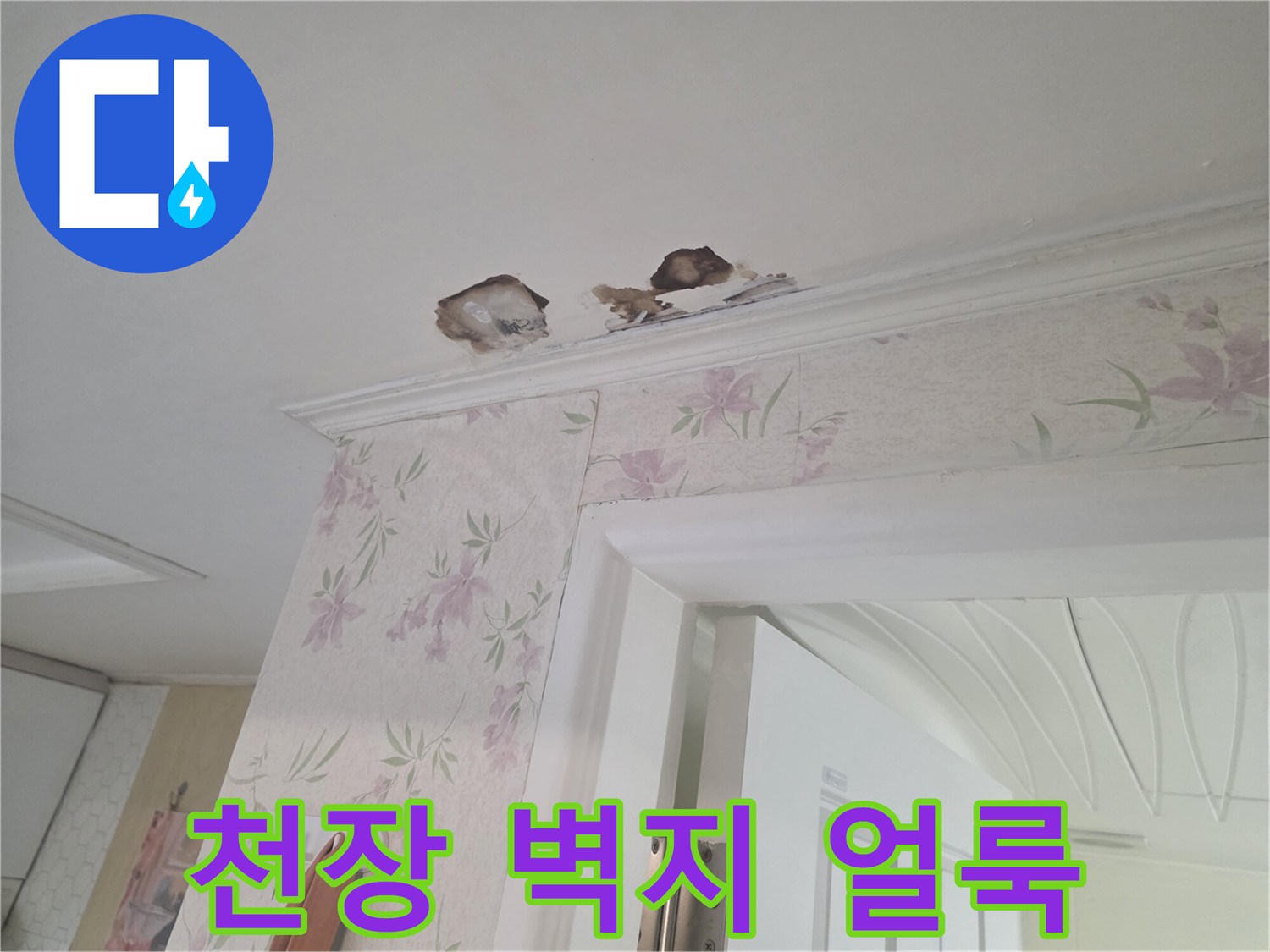화장실-입구-천장-벽지가-젖어-있는-모습