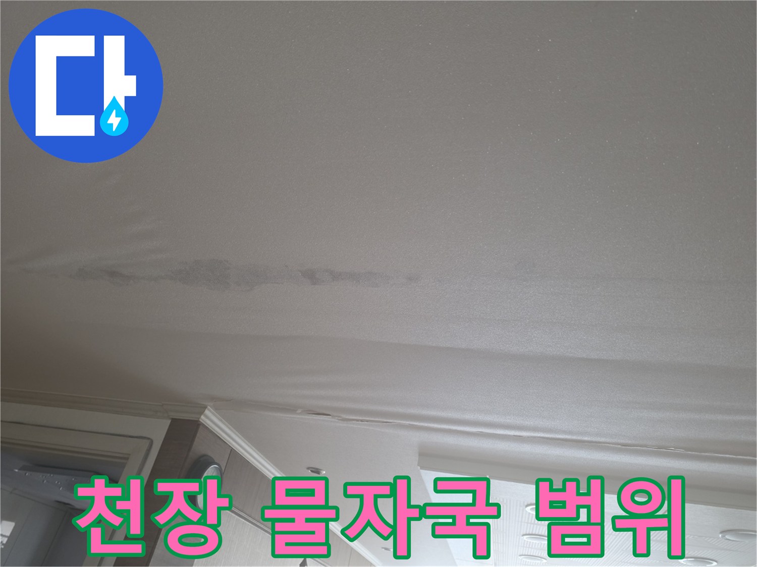 길게 형성된 천장 누수 변색 부위