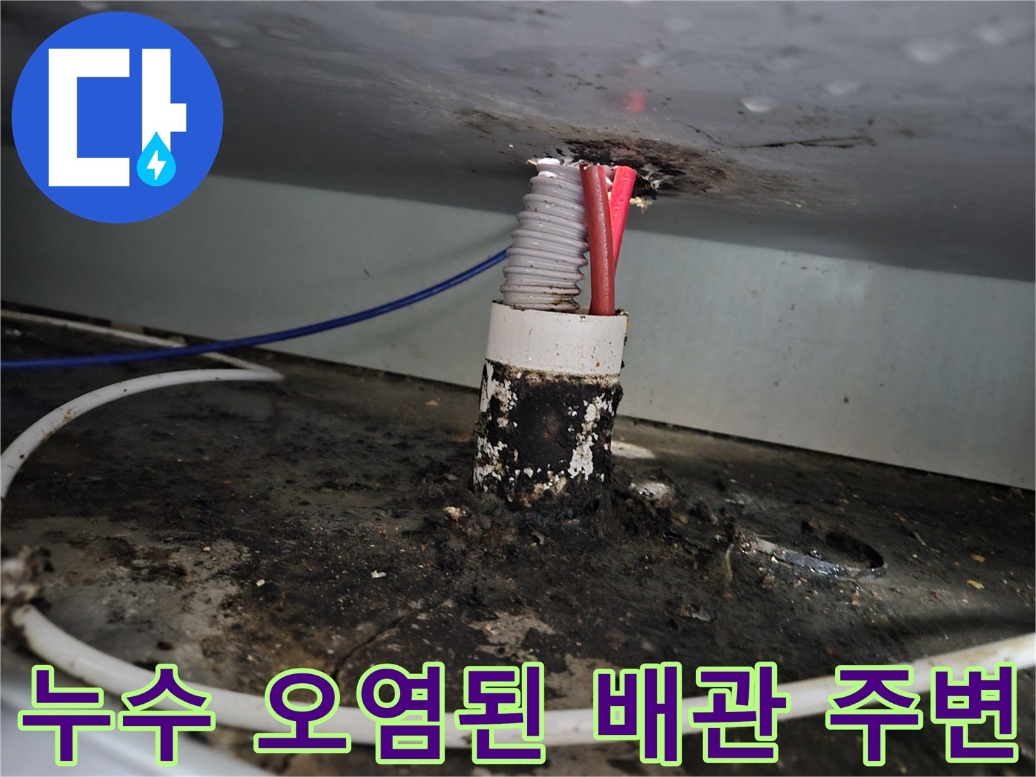 검은색 기름때와 습기로 뒤덮인 배관 연결 부위