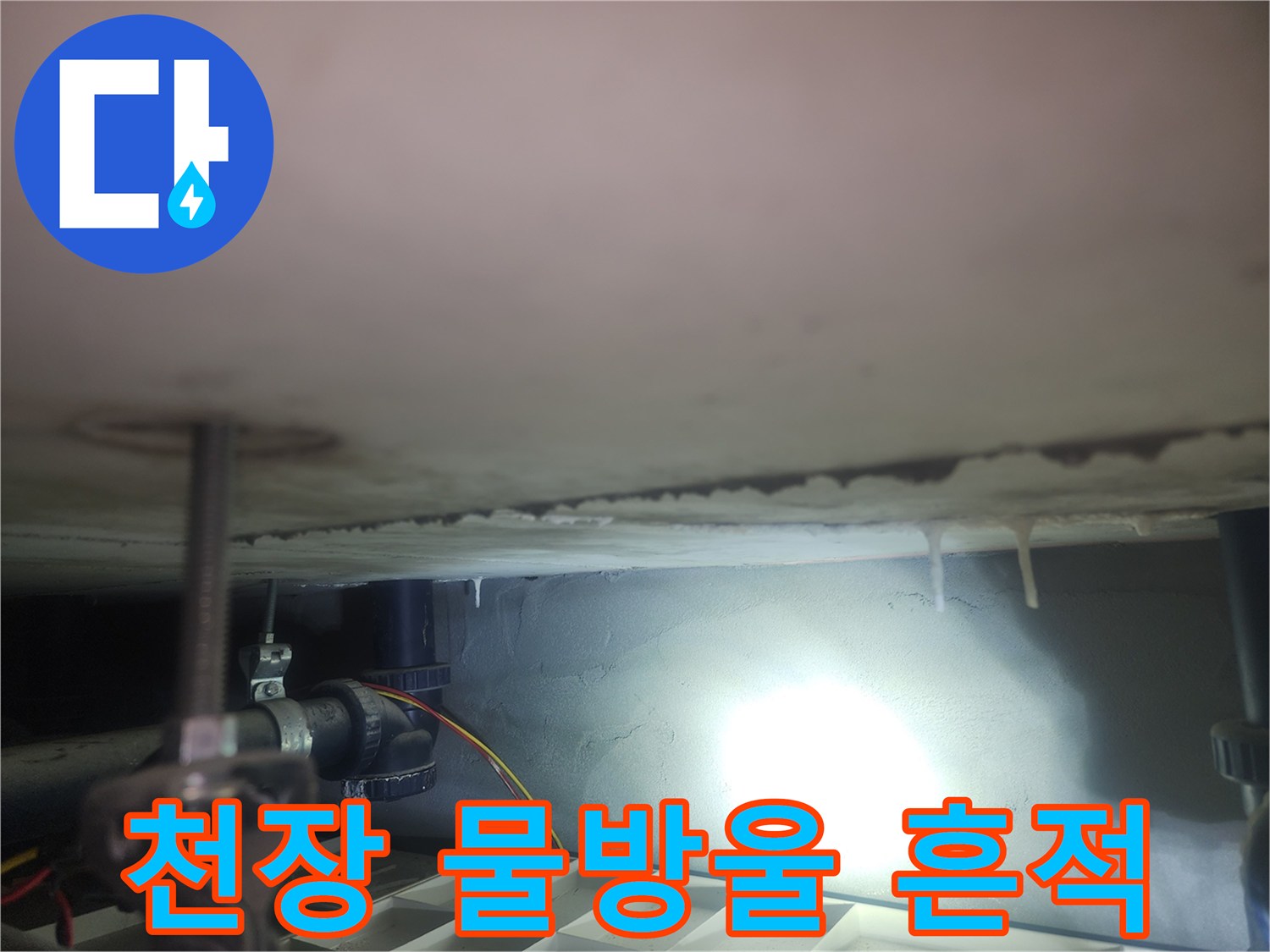 화장실 천장 슬라브에 맺힌 물방울과 석회 흔적