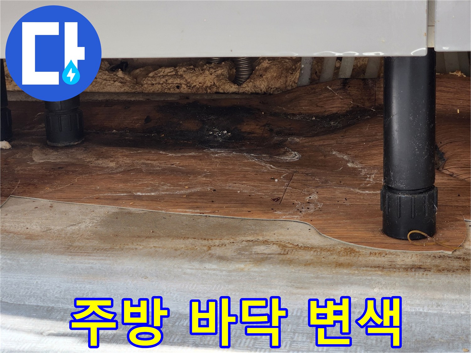 싱크대 아래-바닥재가 젖어 검게 변한 모습